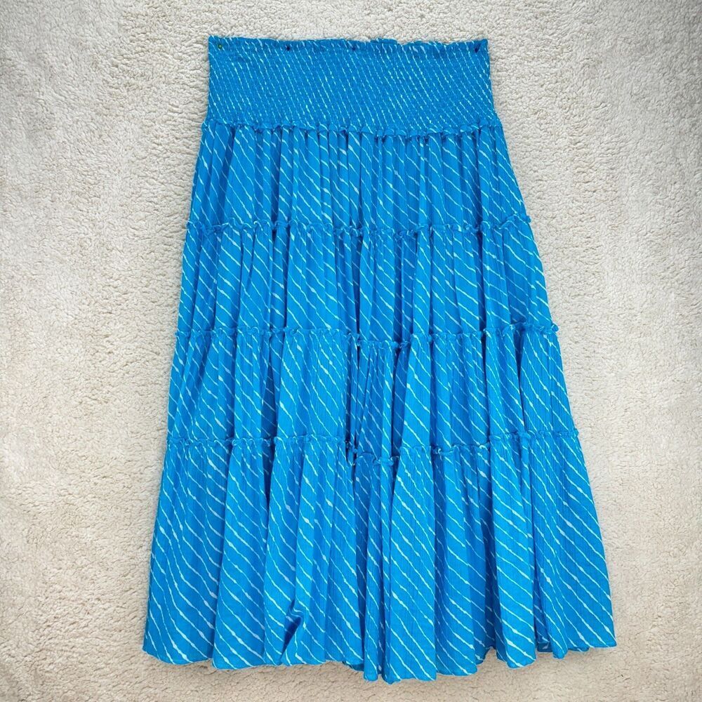 Lauren Ralph Lauren Womens Maxi Skirt Large Aqua Striped Tiered Cotton Lined - Picture 1 of 8